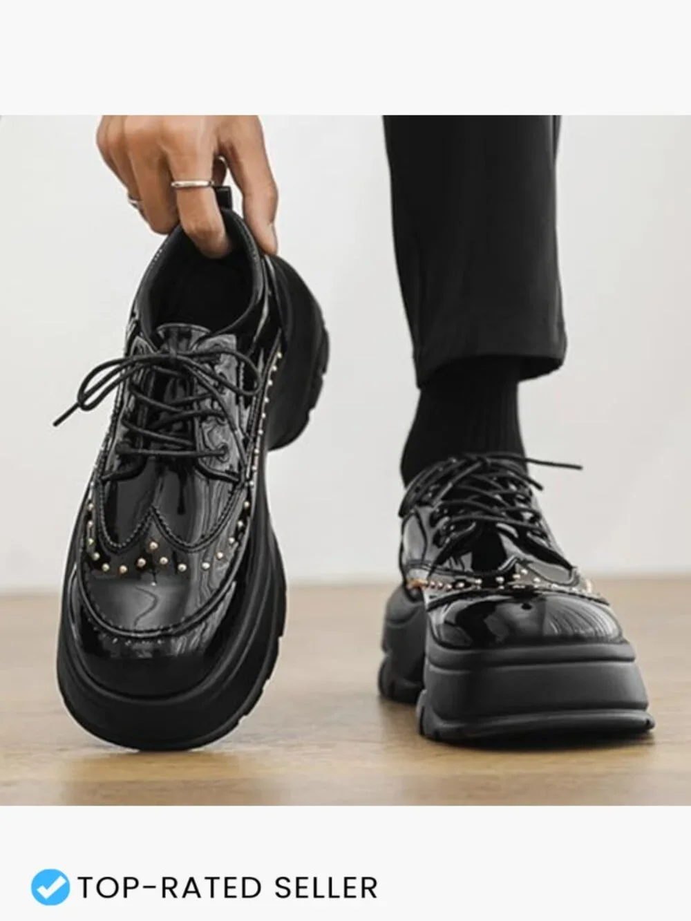 Patent Leather Rivet Platform Motorcycle Boots with Side Zipper Chunky Block